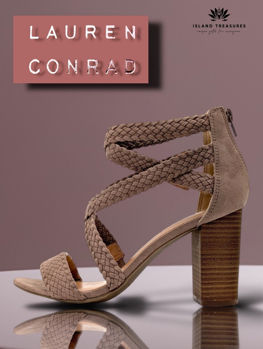 LC Lauren Conrad Sz 9 Taupe Crisscross Braided Strappy Block High Heel Sandals